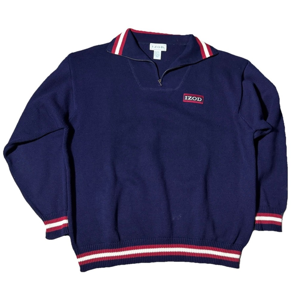Vintage 90s IZOD Dense Knit 1/4 Zip Sweater Mens L Boxy Navy Striped Trim Cotton